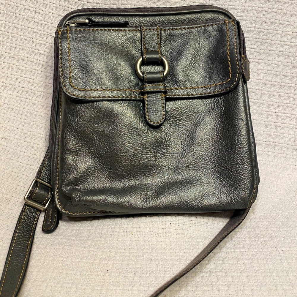 Fossil women's silver grey Leather Crosstown Camera Crossbody Bag